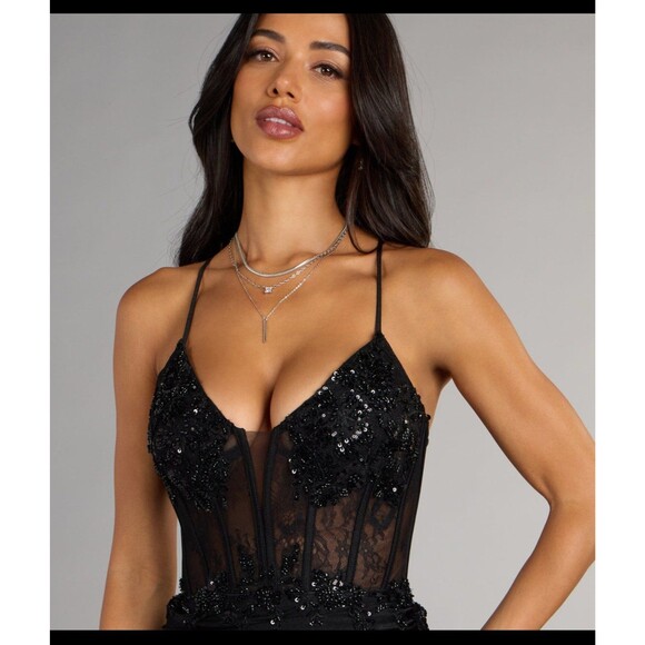 Windsor Millie Satin Sequin Lace-Up Mini Homecoming Formal Black Dress XS NEW - Picture 3 of 11